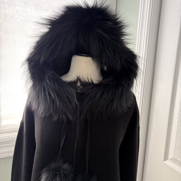 Alice + Olivia Oscar Fox Fur-Trimmed Knit Hoodie Black XS NWT